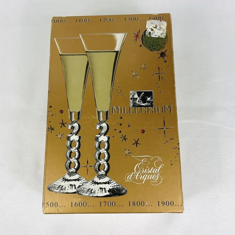 Cristal‎ D'Arques Millennium Champagne Glasses Year 2000 France Set of 2 In Box